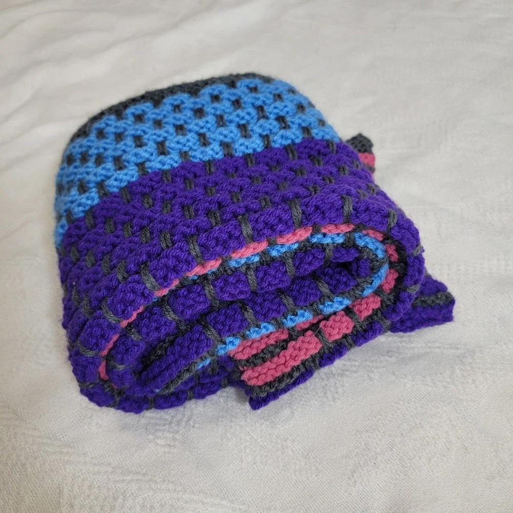 Handknit Striped Throw Stroller Blanket Kids Purple Pink Blue Yellow Green 31x23